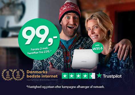 Tilbud på internet. 99 kr. de første 3 måneder. Herefter fra 239 kr. Hastighed og prisen efter kampange afhænger af netværk. Tilbudet er inkl. Wifi 6.